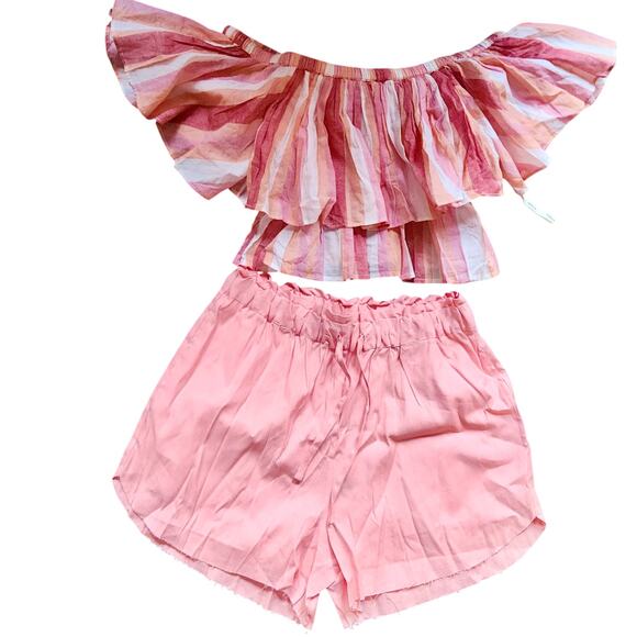 SHORE Celia‎ Flounce Striped Ruffle Crop Top Peasant Blouse sz Med NWT $118 - Picture 3 of 3